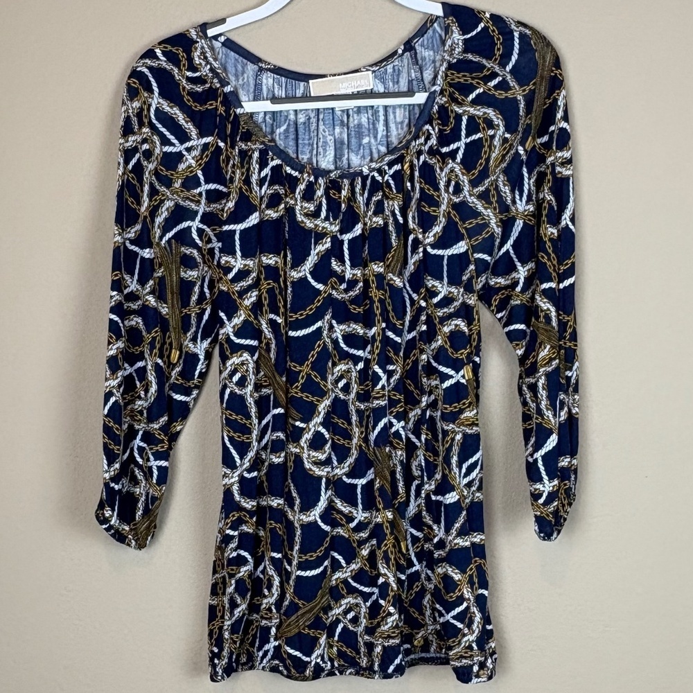 Michael Michael Kors Navy Blue w/ Gold/White Rope/Chain Like Pattern Blouse